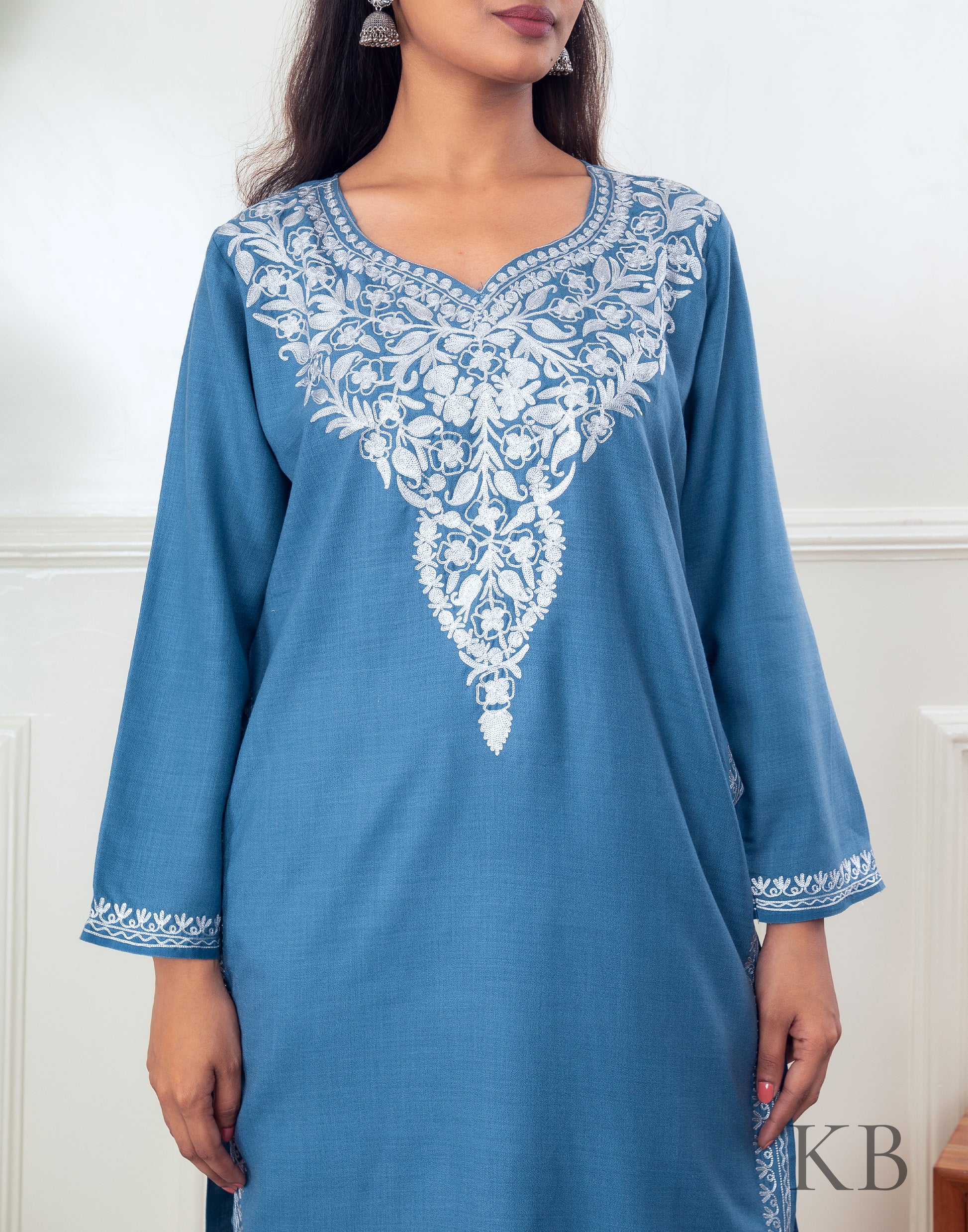 Light Blue Zari Embroidered Cotton Kurti