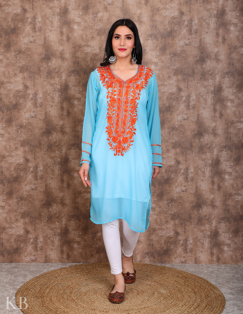 Turquoise Neck Embroidered Georgette Kurti 