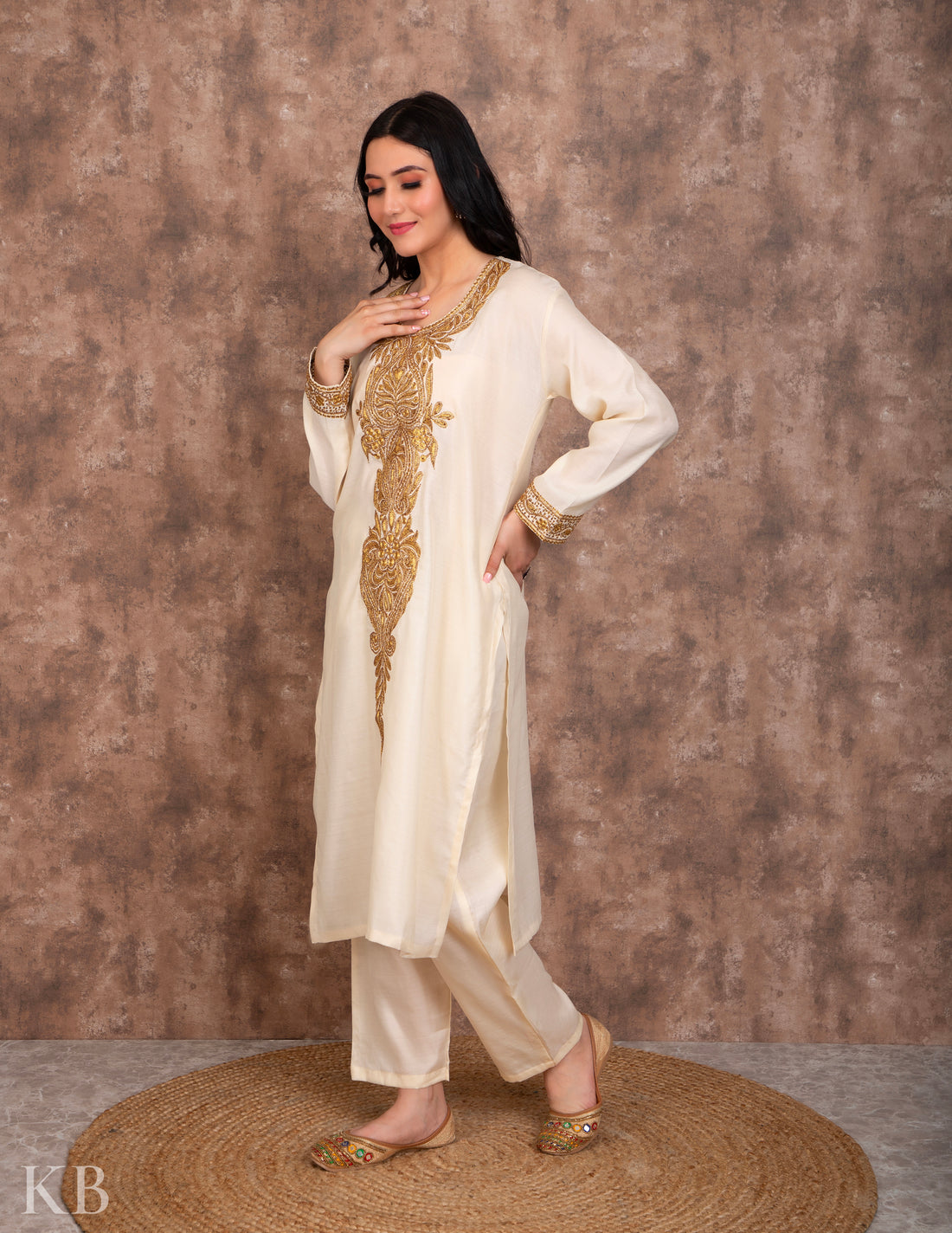 Cream Tilla Embroidered Silk Suit - Kashmir Box