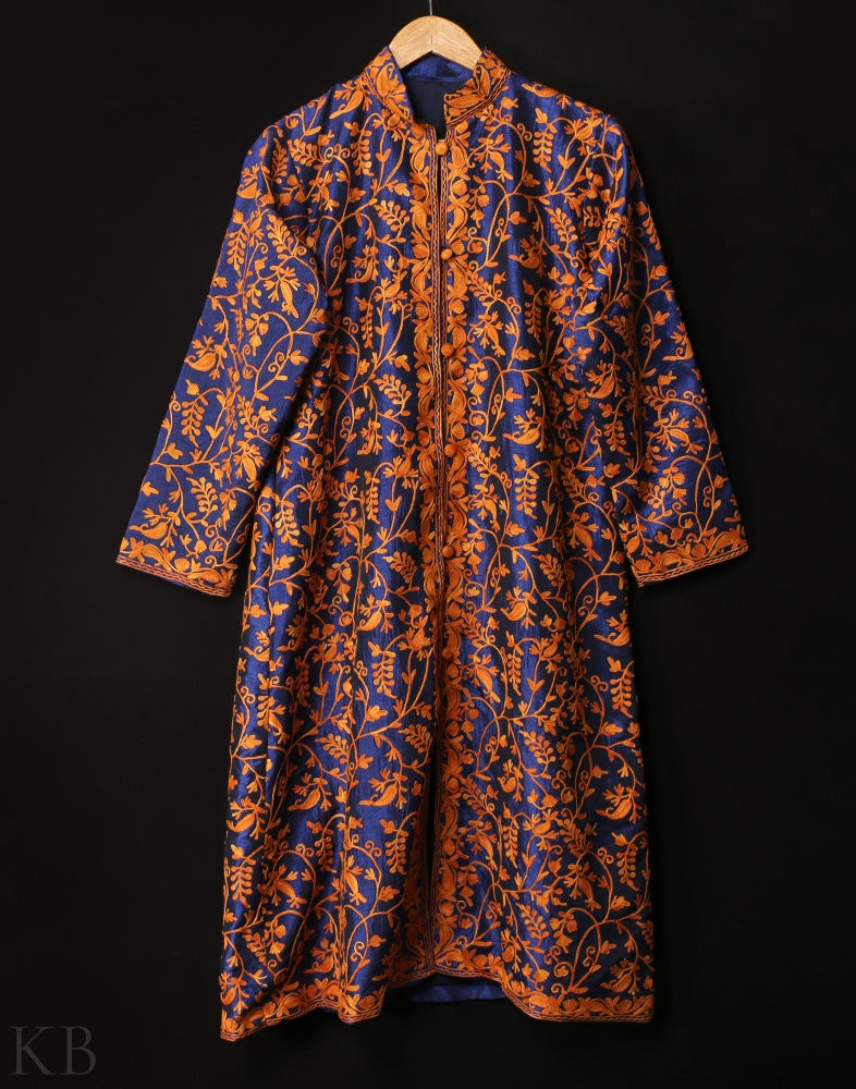 Royal Blue Aari Embroidered Silk Jacket - Kashmir Box