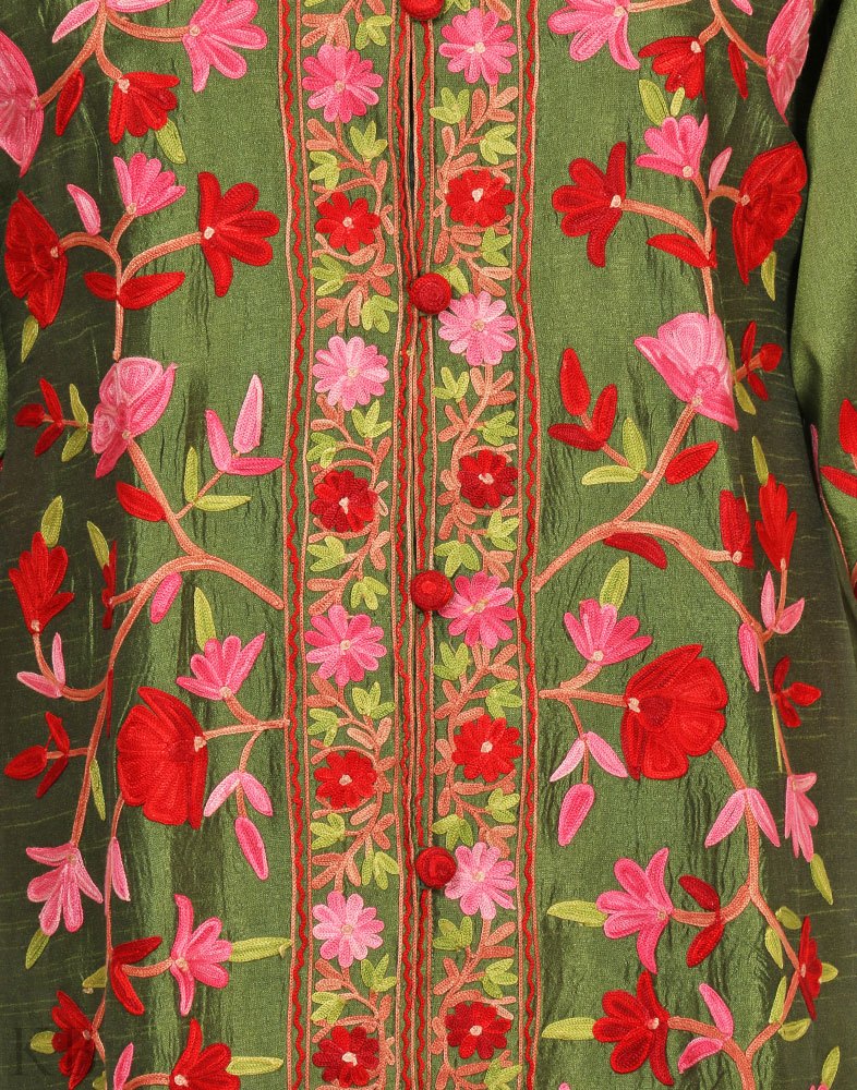 Henna Green Aari Embroidered Silk Jacket - KashmirBox.com
