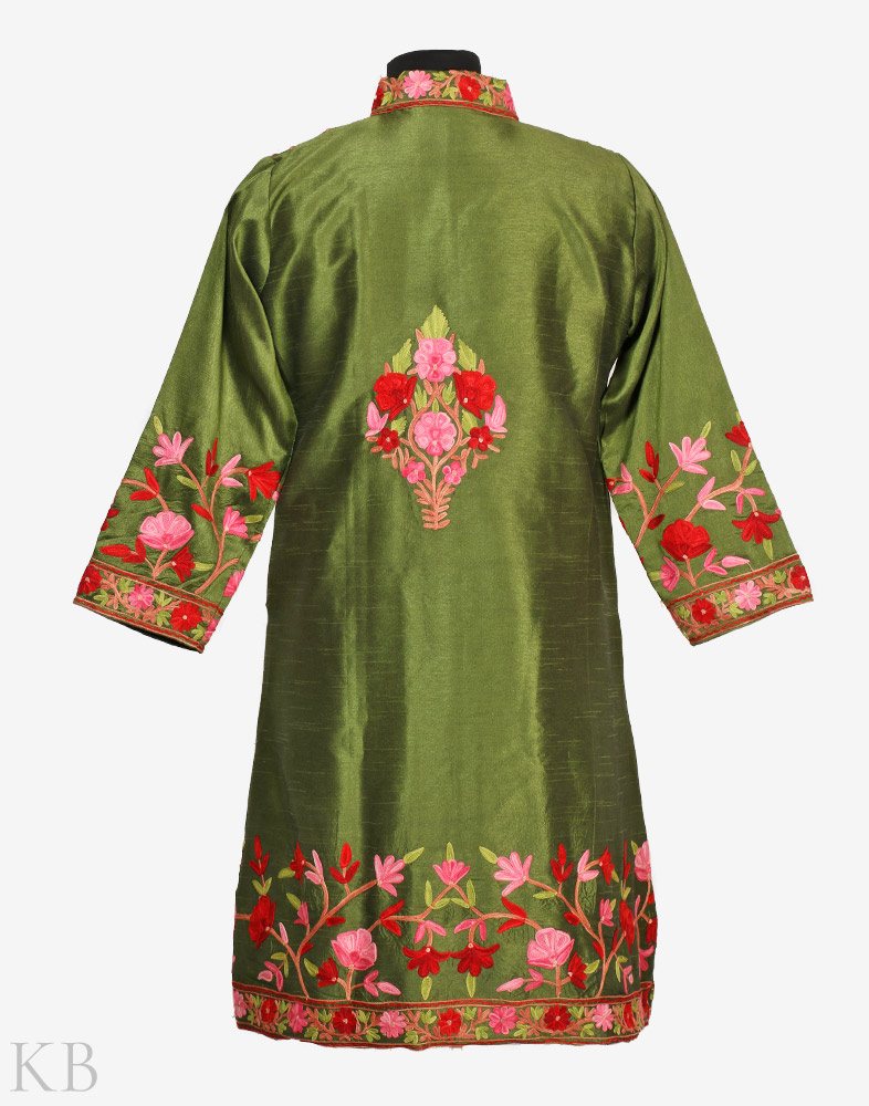 Henna Green Aari Embroidered Silk Jacket - KashmirBox.com
