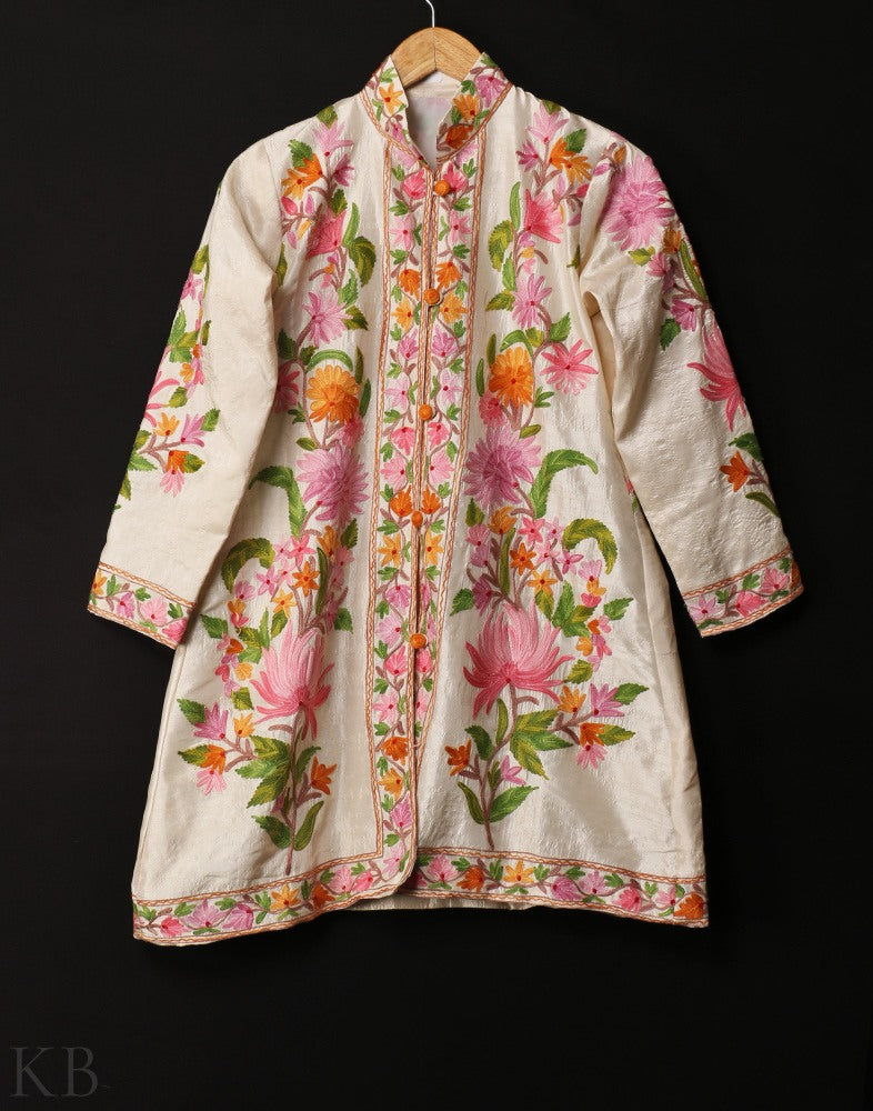 White Aari Embroidered Silk Jacket - Kashmir Box