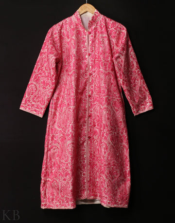 White Pink Aari Embroidered Silk Jacket - Kashmir Box