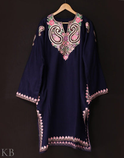 Indigo Blue Aari Zari Embroidered Cashmilon Phiran - KashmirBox.com