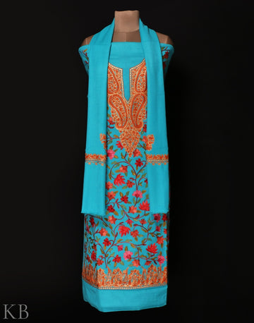 Turquoise Embroidered Woolen Suit - KashmirBox.com