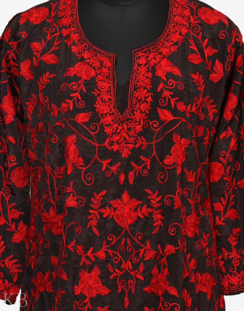 Red Embroidered Black Kurti - KashmirBox.com
