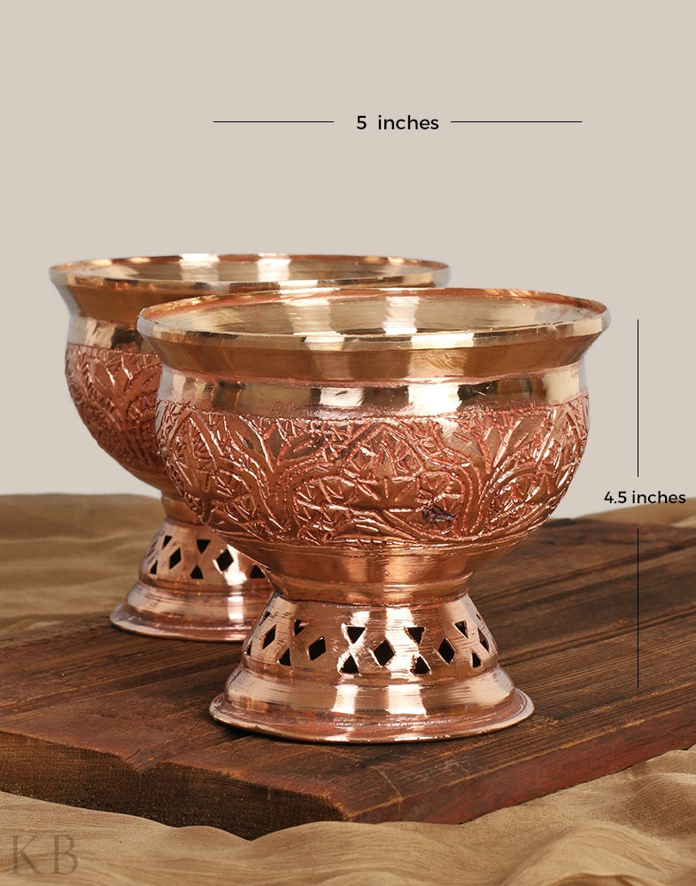 Gold Hued Engraved Copper Bowls (Set of 6) - KashmirBox.com