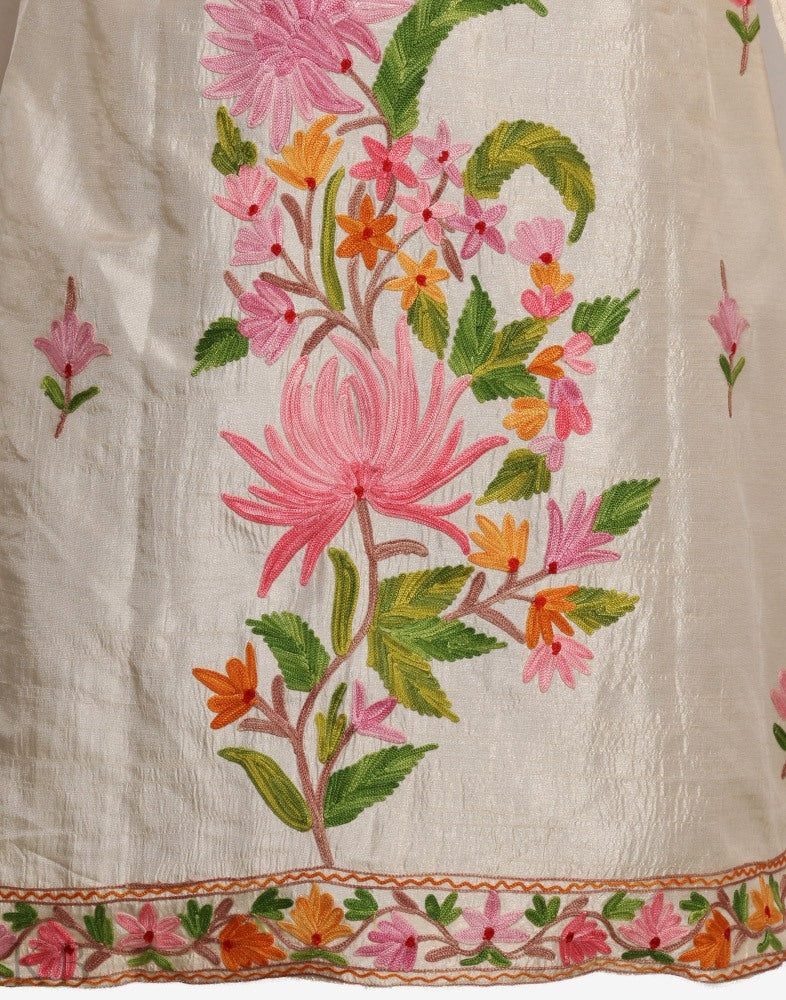 White Aari Embroidered Silk Jacket - KashmirBox.com