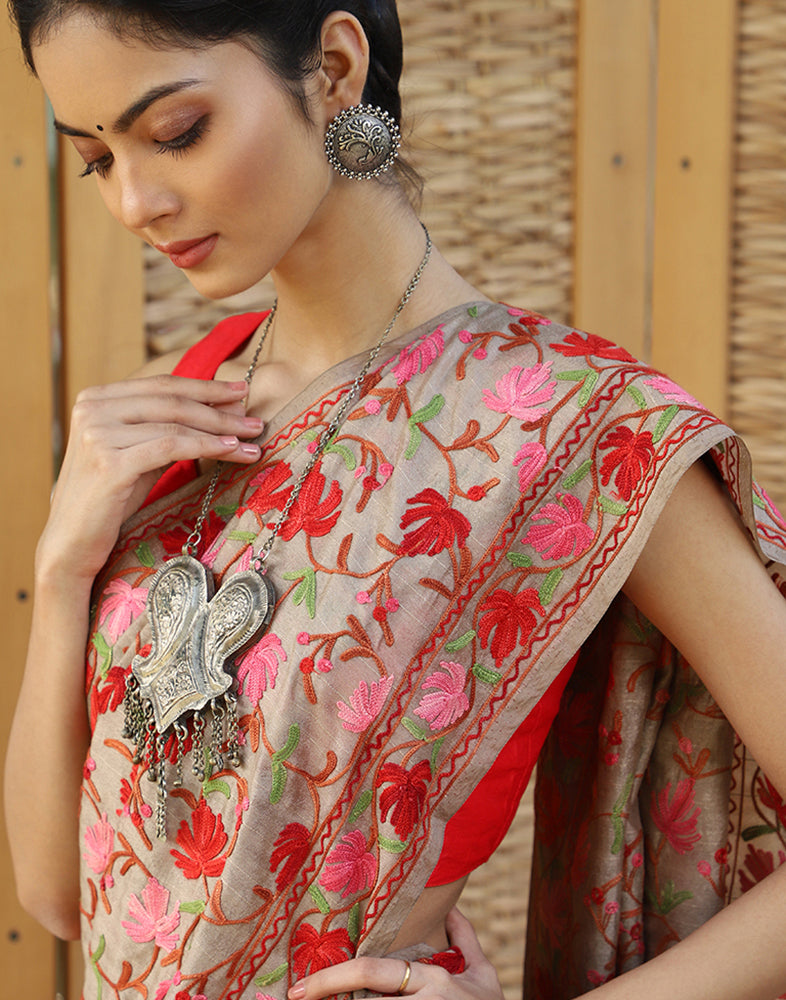 Hazelwood Aari Embroidered Silk Saree - KashmirBox.com