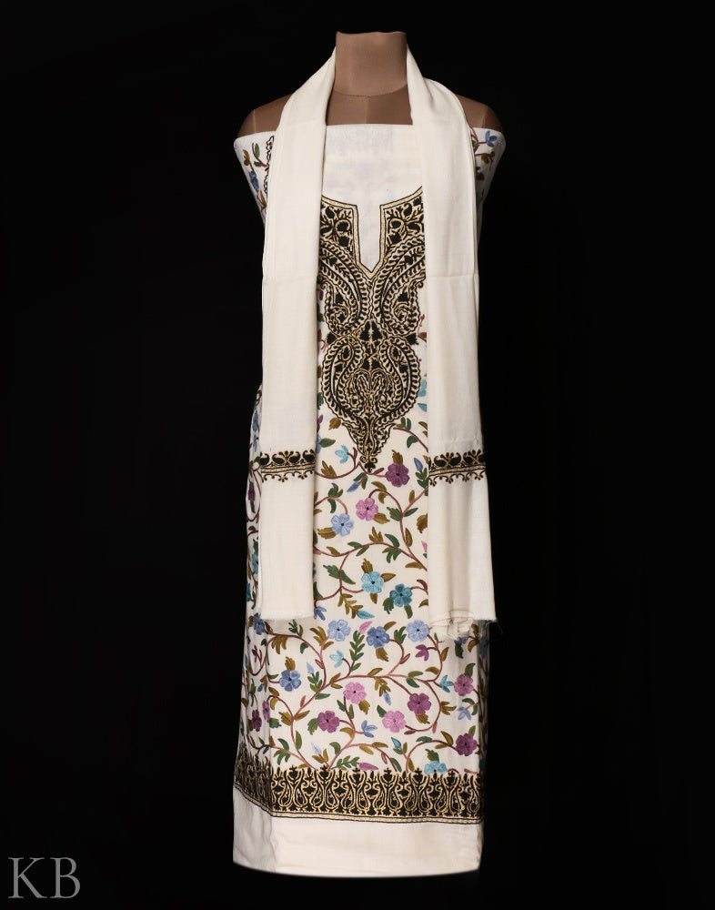 White Embroidered Woolen Suit - KashmirBox.com