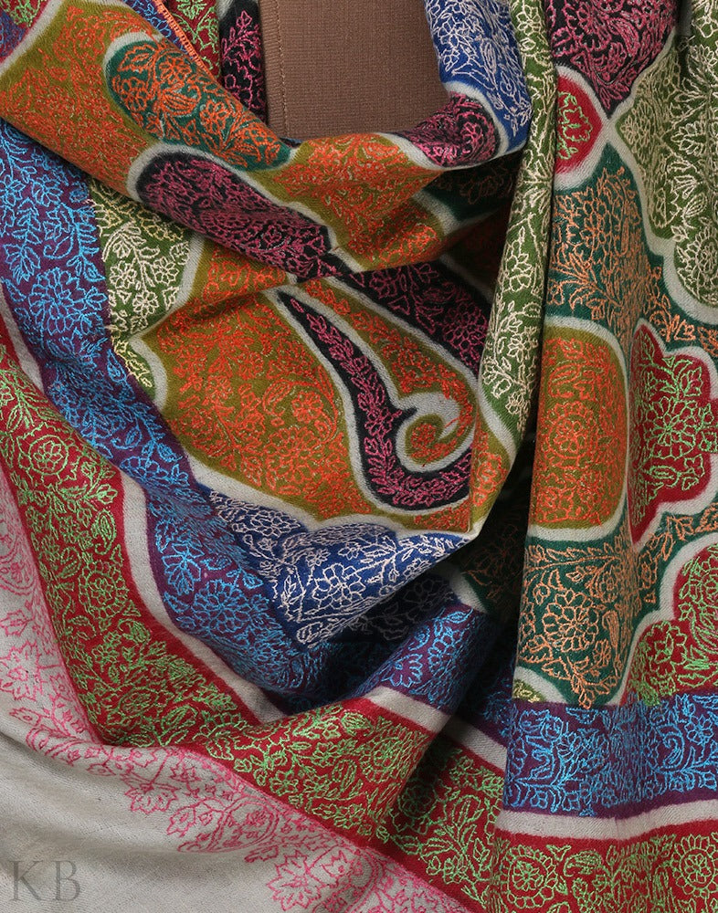 Multicolored Paisley Tehreerkaar Embroidered Cashmere Shawl - Kashmir Box