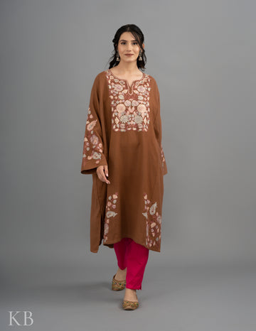 Floral Neck Aari Embroidered Fine Wool Phiran - Kashmir Box