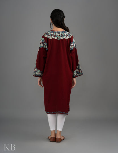 Maroon Gracious Designed Aari Embroidered Fine Wool Phiran - Kashmir Box