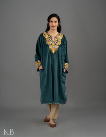Teal Green Aari Embroidered Velvet Phiran - Kashmir Box