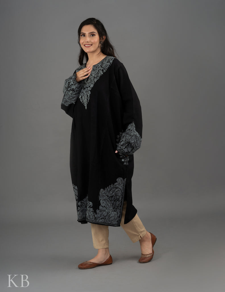 Black And Grey Aari Embroidered Cashmilon Phiran - Kashmir Box