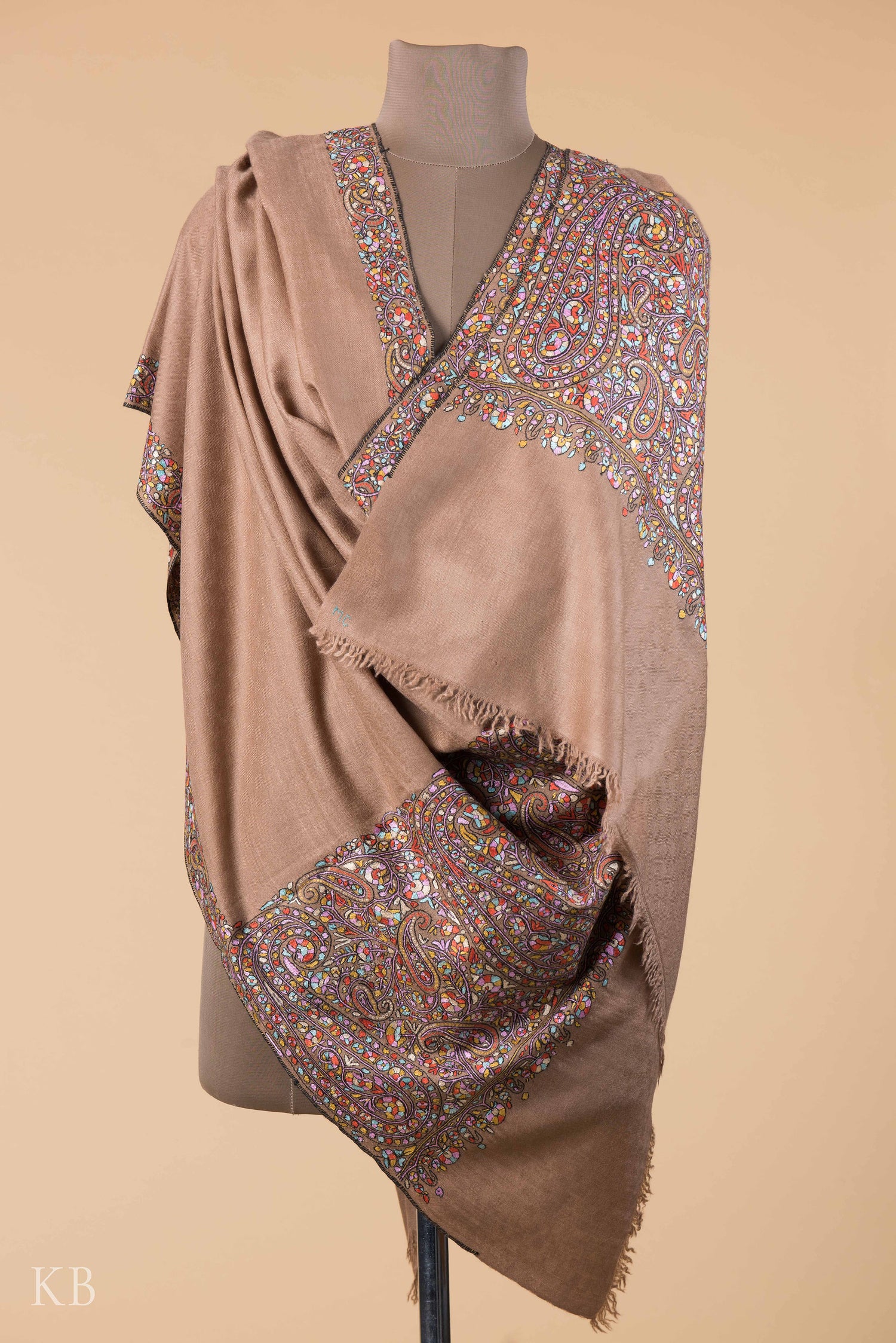 Natural Brown Kanikaar Palla Pashmina Shawl - Main Image