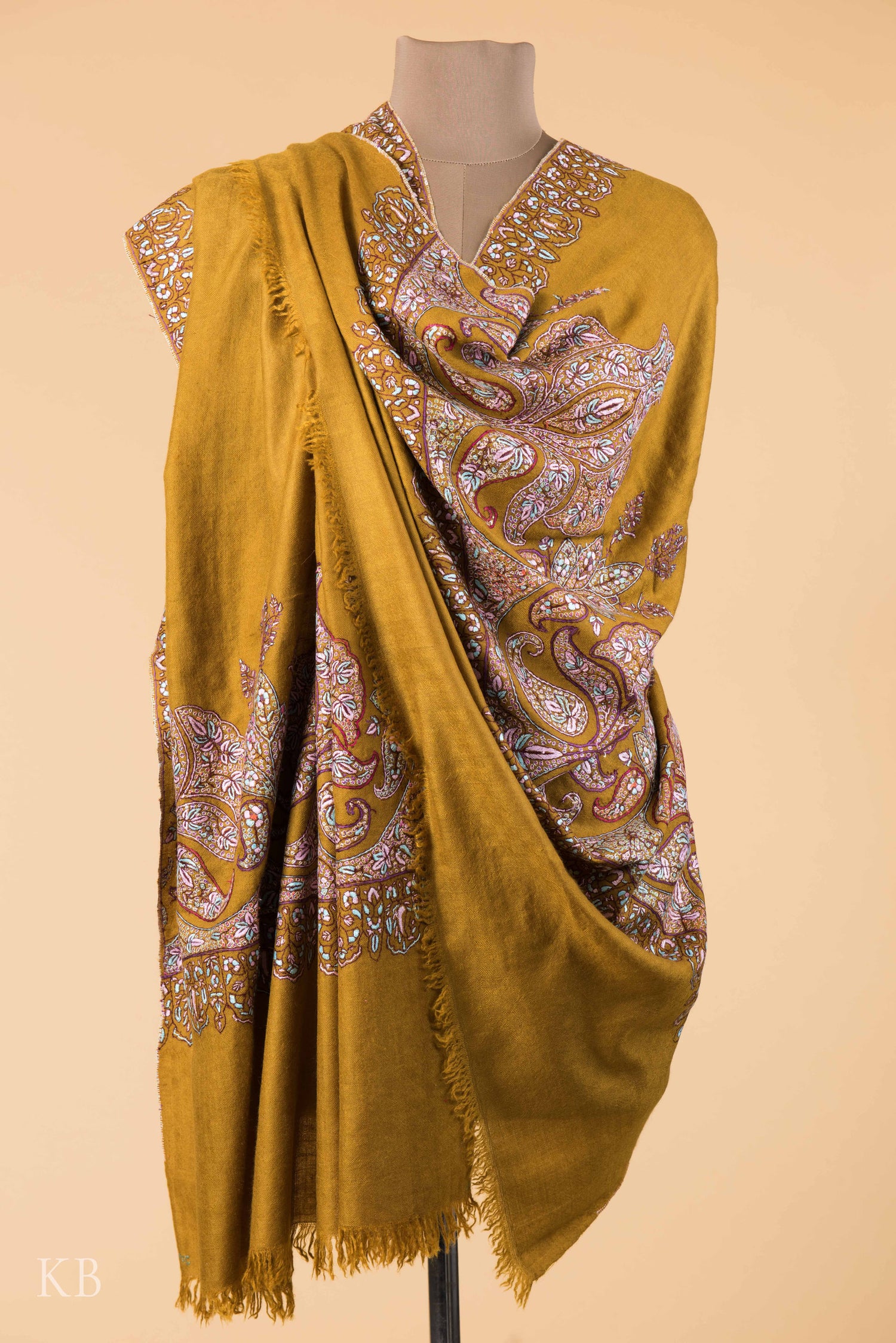 Olive Green Sozni Embroidered Pashmina Shawl