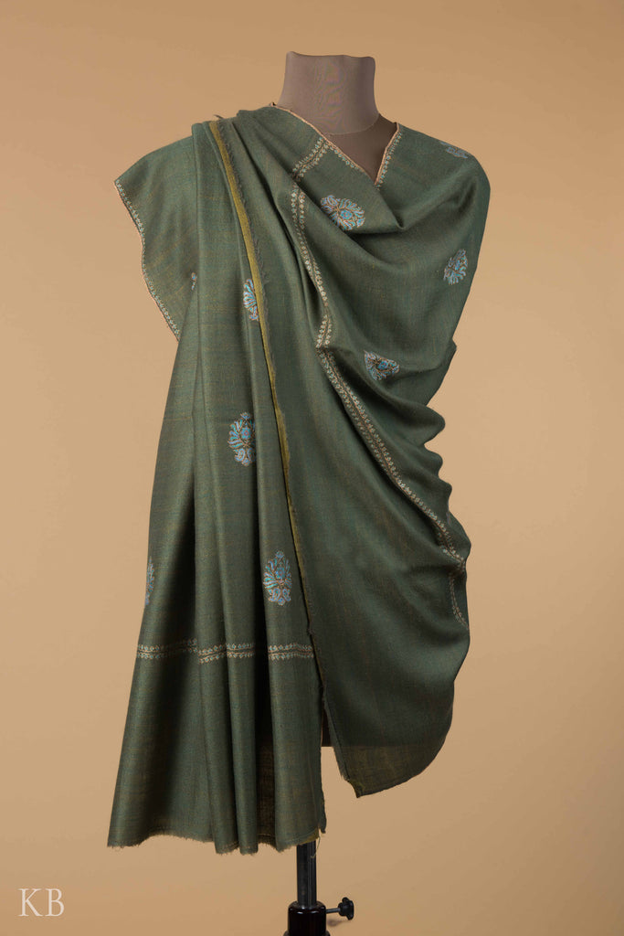 Green Sozni Embroidered Reversible Pashmina Shawl - Kashmir Box