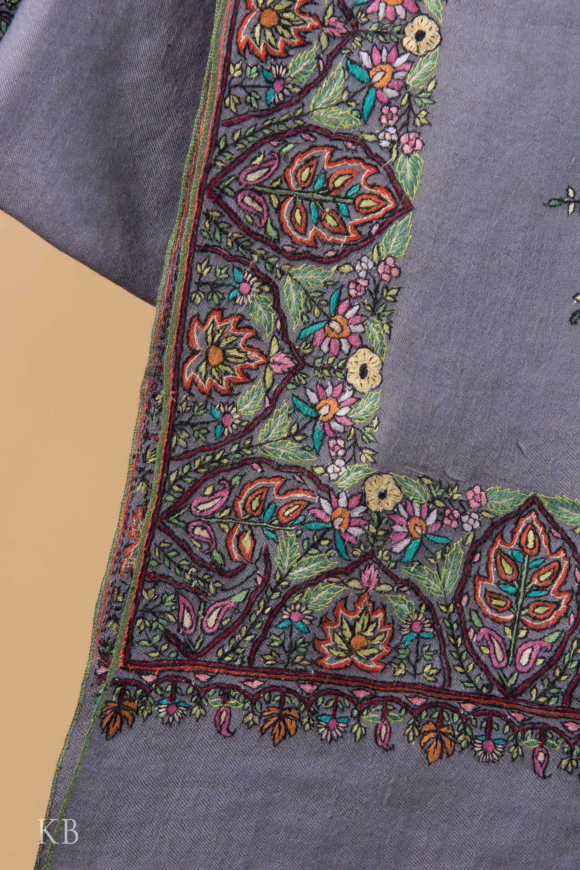 Stone Grey Sozni Embroidered Border Pashmina Shawl - Kashmir Box