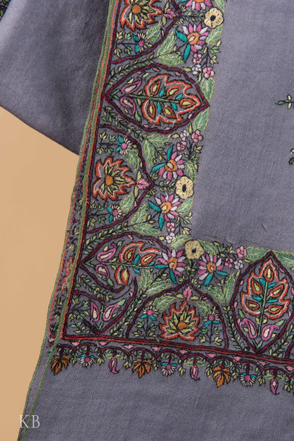 Stone Grey Sozni Embroidered Border Pashmina Shawl - Kashmir Box