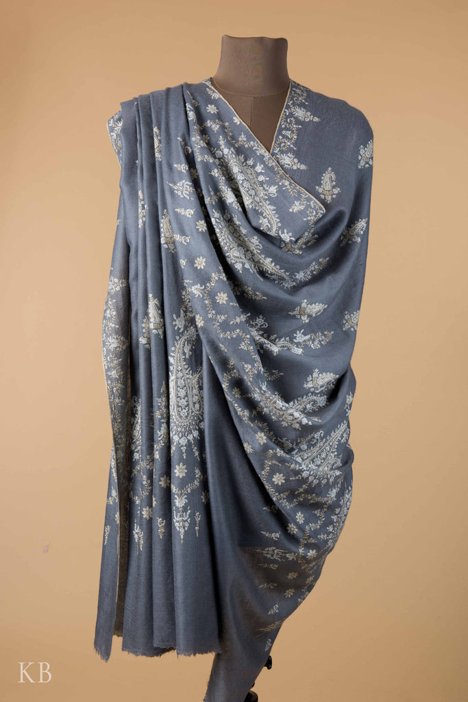 Grey Colored Sozni Embroidered Pashmina Shawl - Kashmir Box