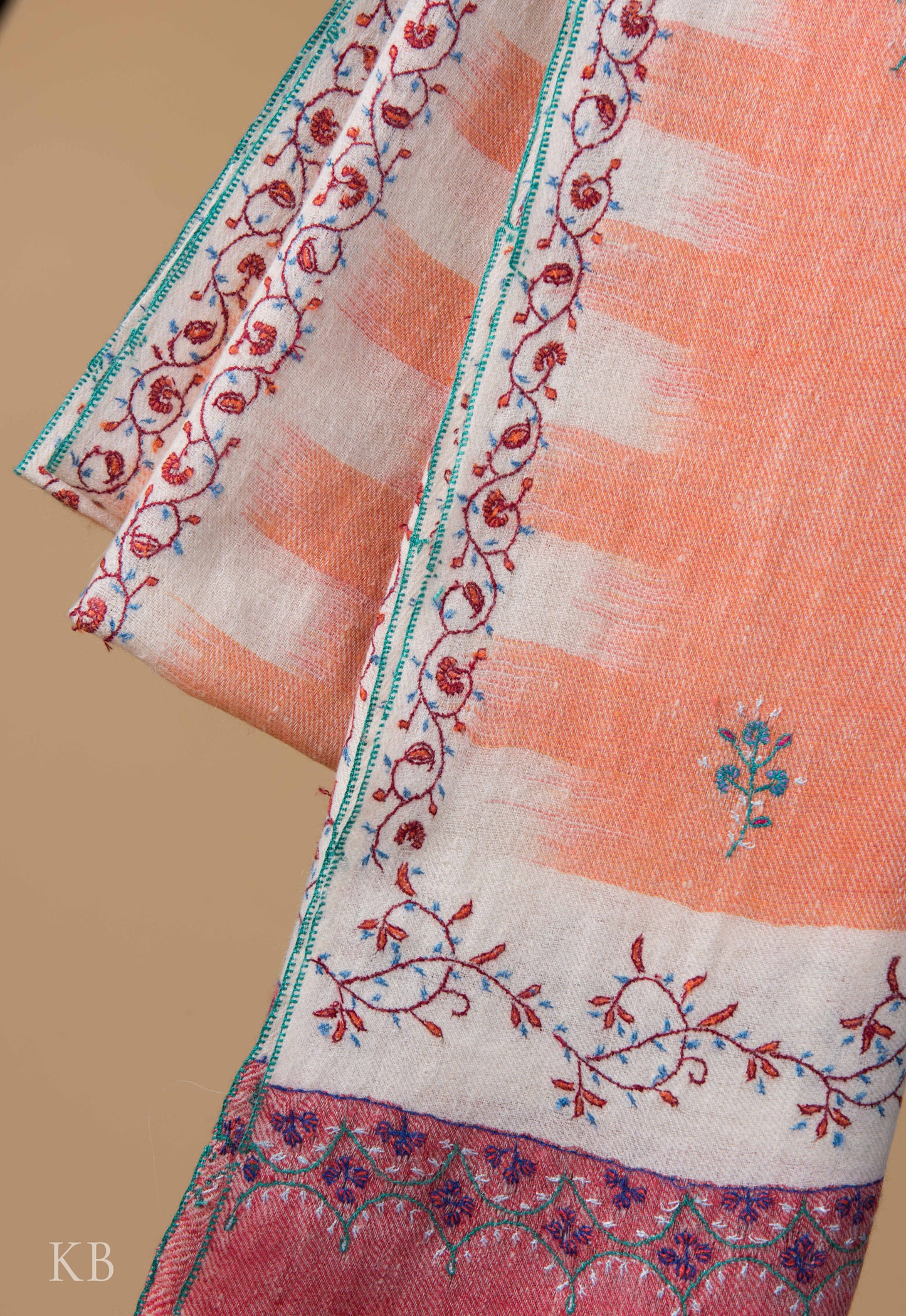Papaya Ikkat Designed Sozni Embroidered Pashmina Stole - Kashmir Box