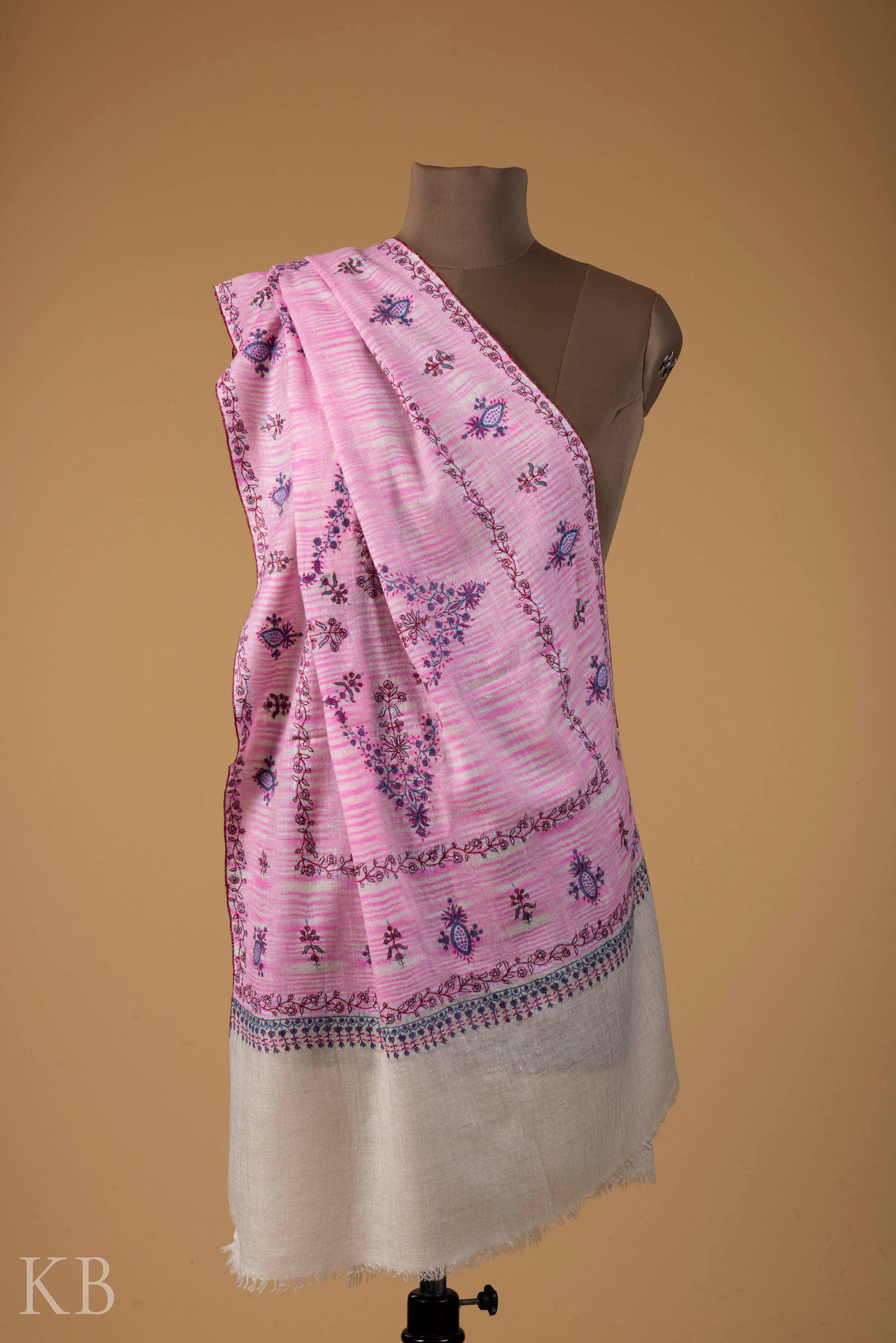 Pink And White Modern Design Embroidered Pashmina Stole - Kashmir Box