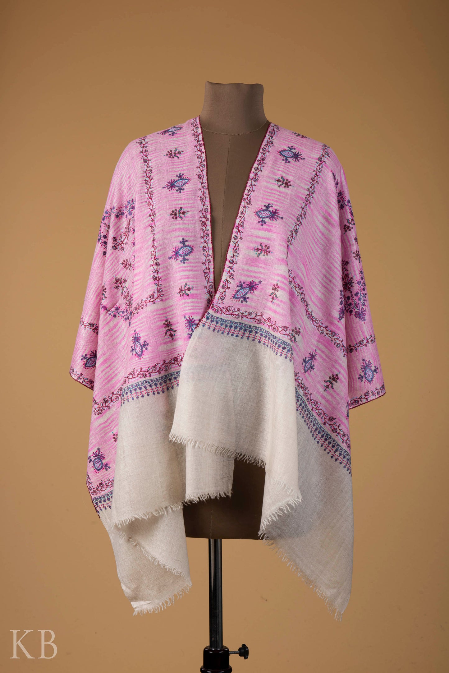 Pink And White Modern Design Embroidered Pashmina Stole - Kashmir Box