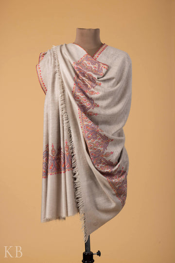 Natural Grey Sozni Embroidered GI Pashmina Shawl - Kashmir Box