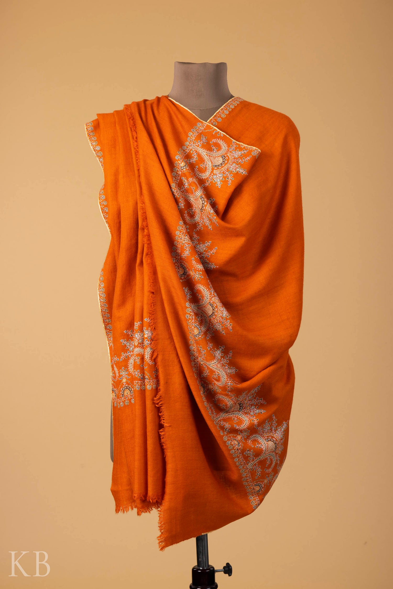 Orange Sozni Embroidered GI Pashmina Shawl