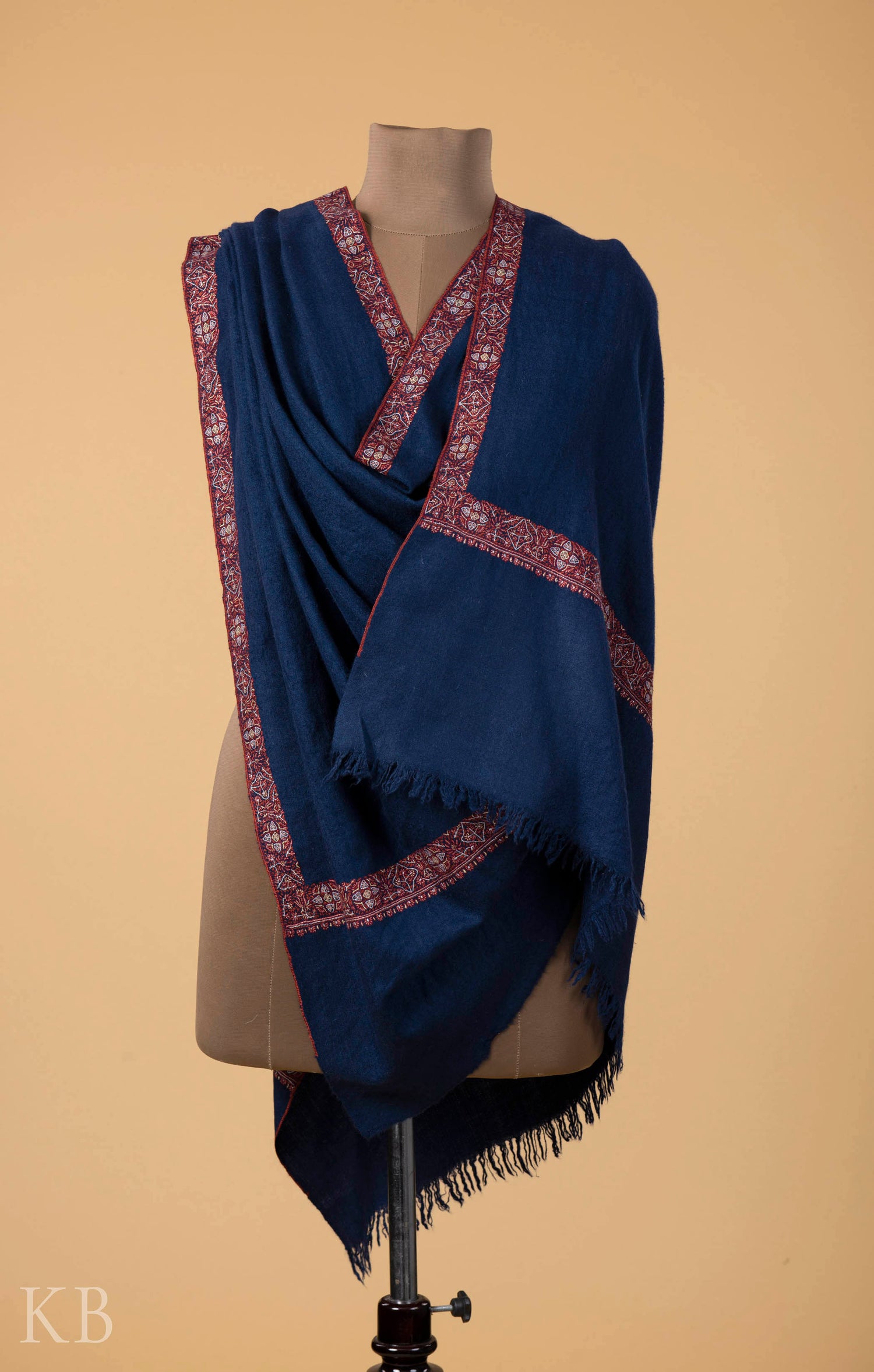 Dark Blue Sozni Embroidered GI Pashmina Shawl - Main Image