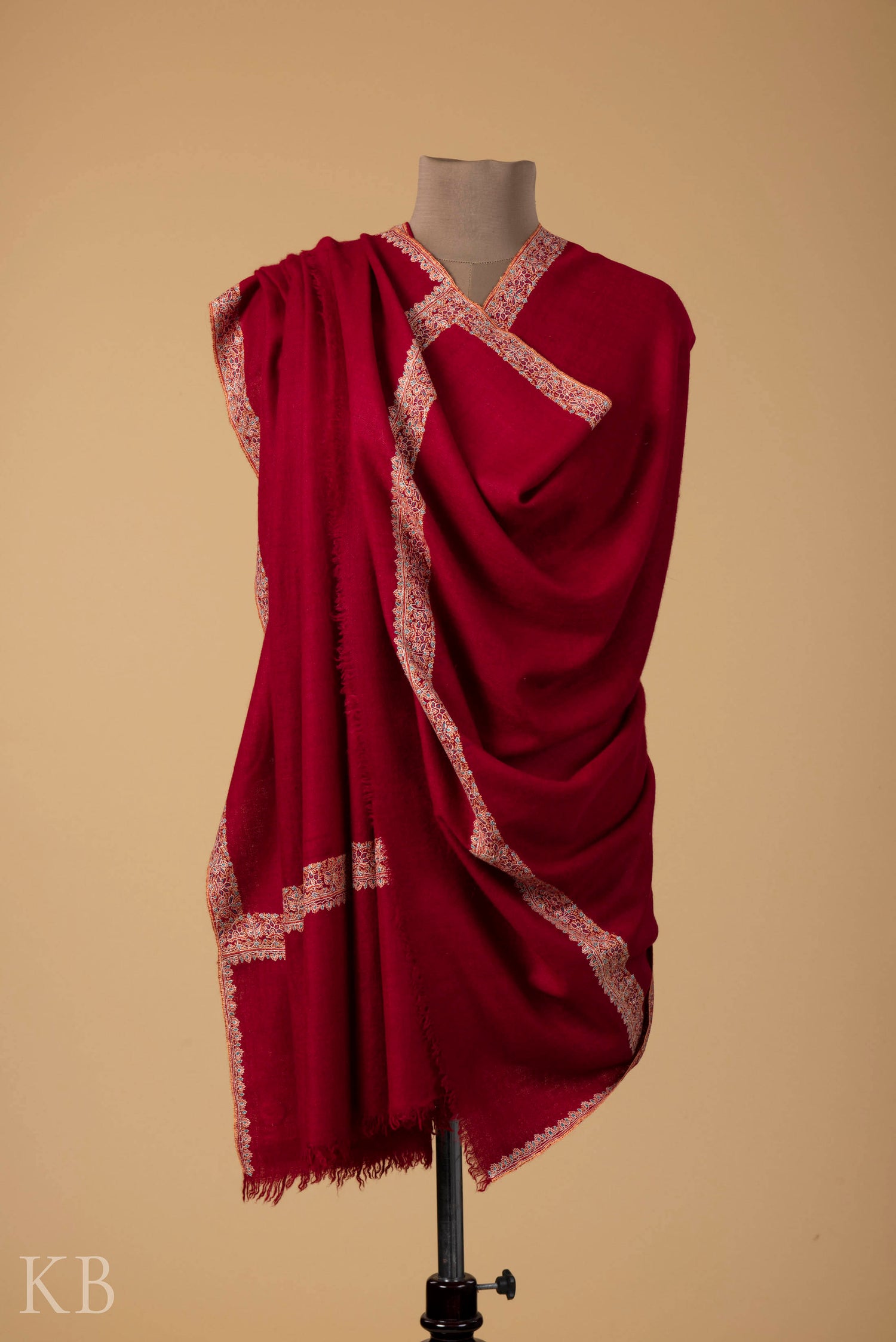 Red Sozni Embroidered GI Pashmina Shawl - Main Image