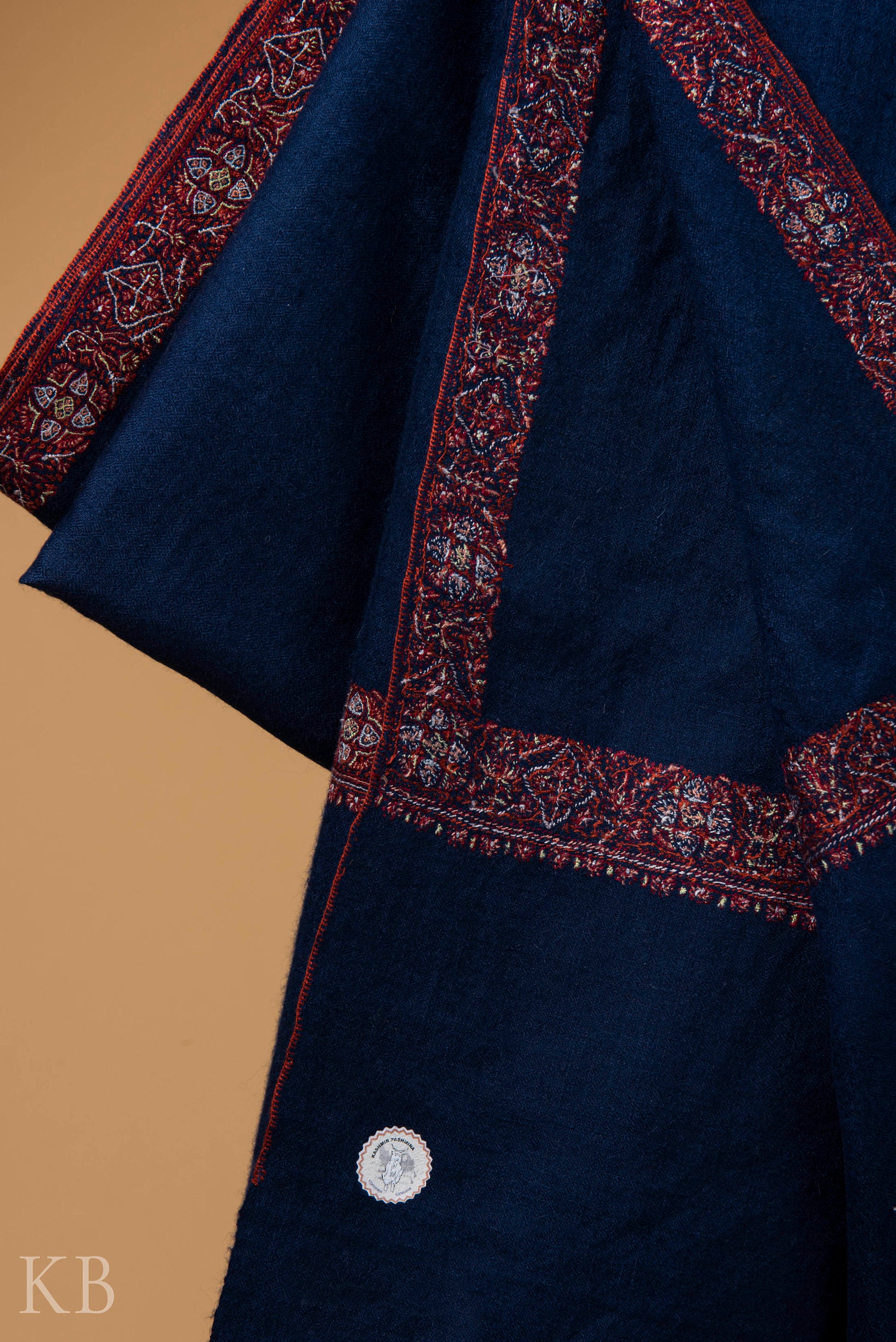 Dark Blue Sozni Embroidered GI Pashmina Shawl - Kashmir Box