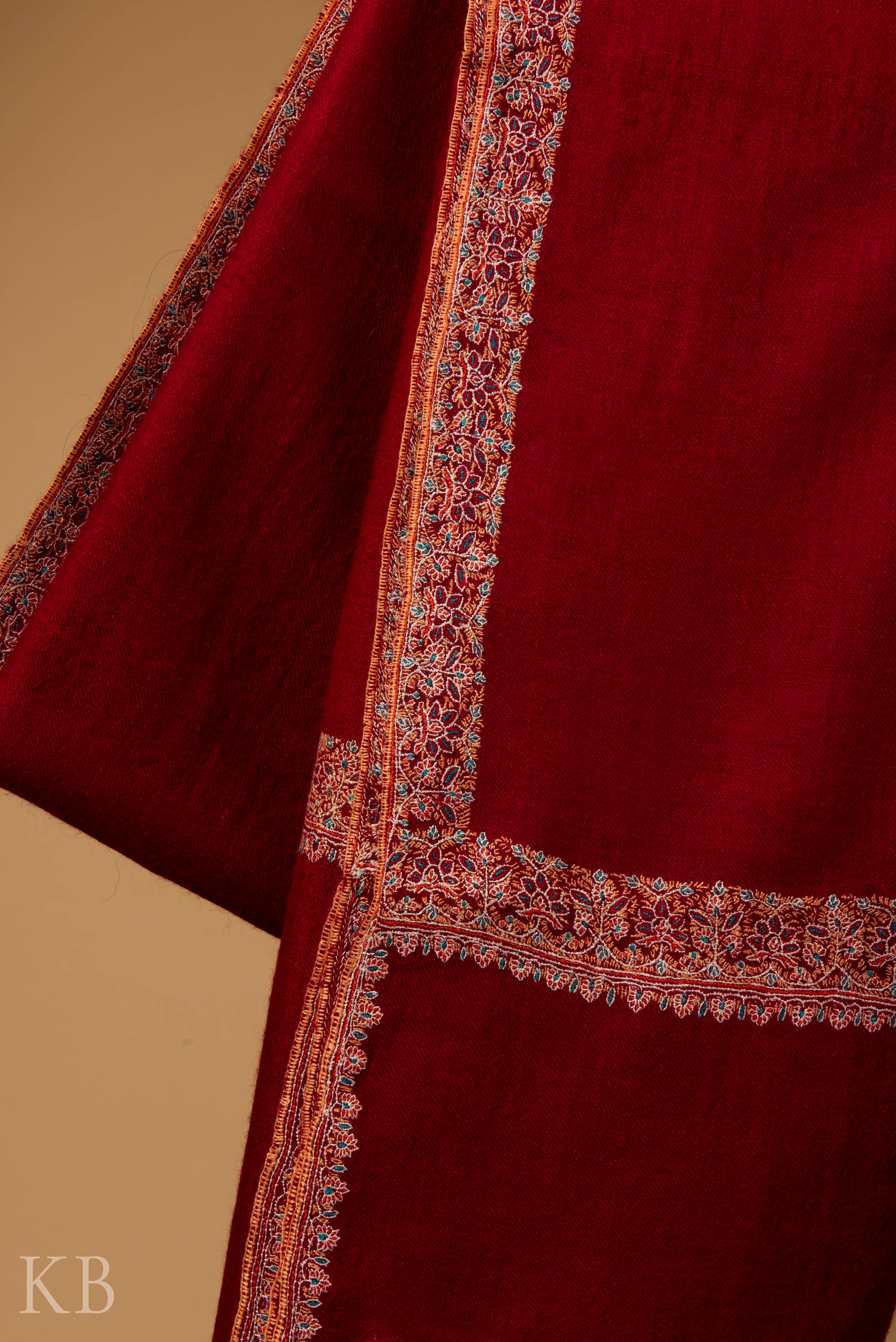 Red Sozni Embroidered GI Pashmina Shawl - Kashmir Box