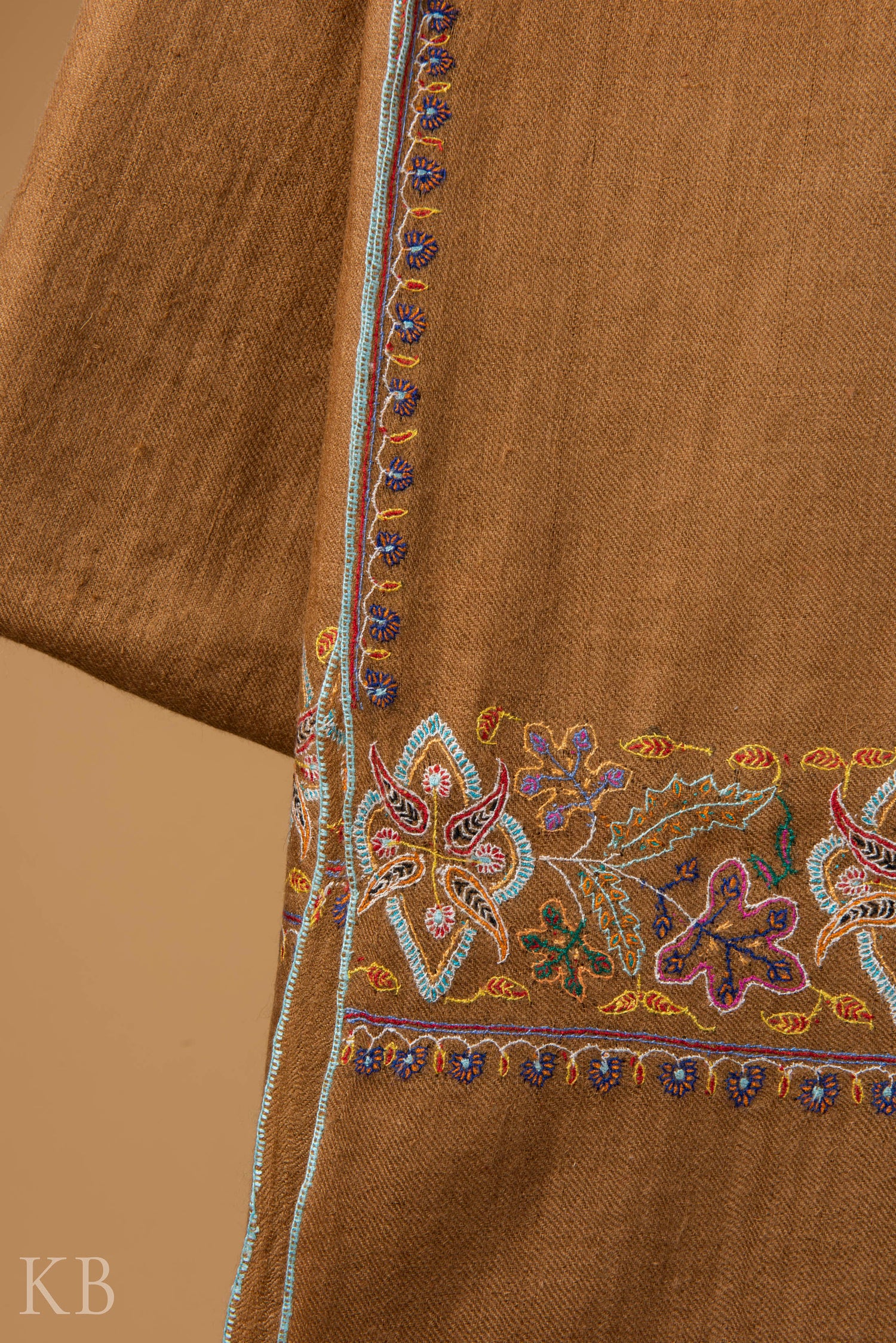 Natural Golden Sozni Embroidered GI Pashmina Shawl