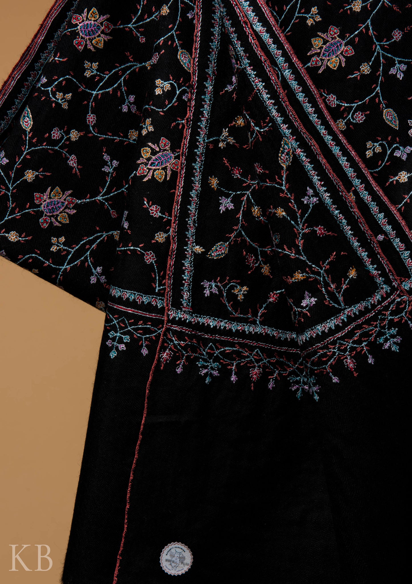 Black Jaldaar Embroidered GI Pashmina Shawl - Kashmir Box