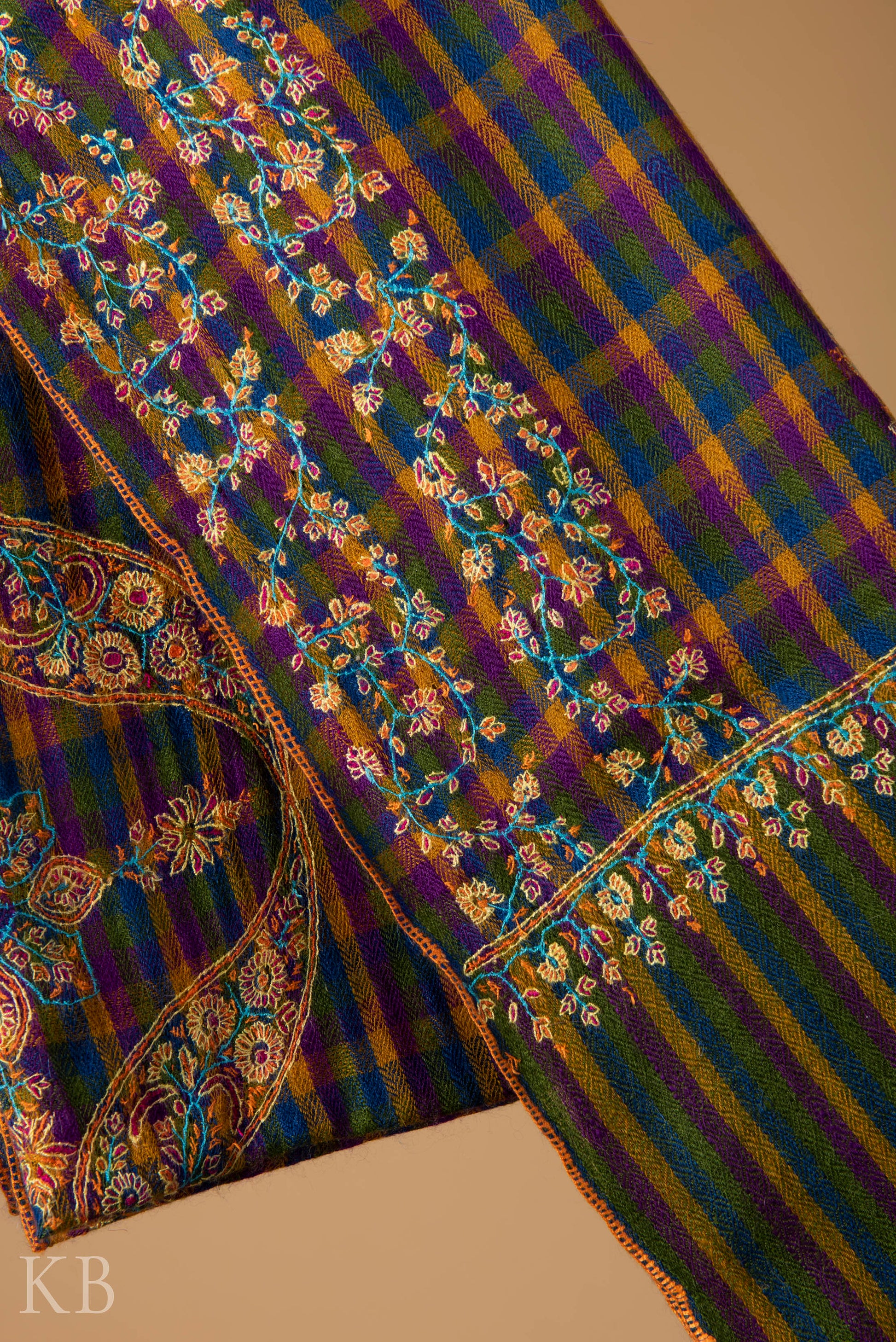 Mini Check Embroidered Multicolored Pashmina Stole - Kashmir Box