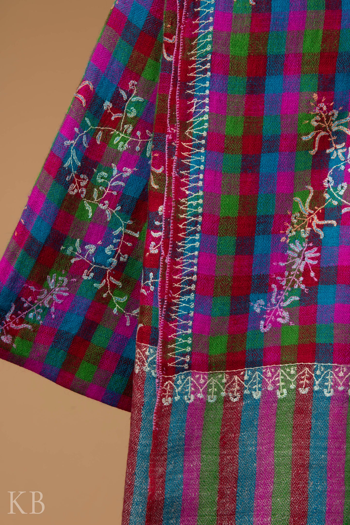 Sozni Kaari Mini Check Multicolored Pashmina Stole - Kashmir Box