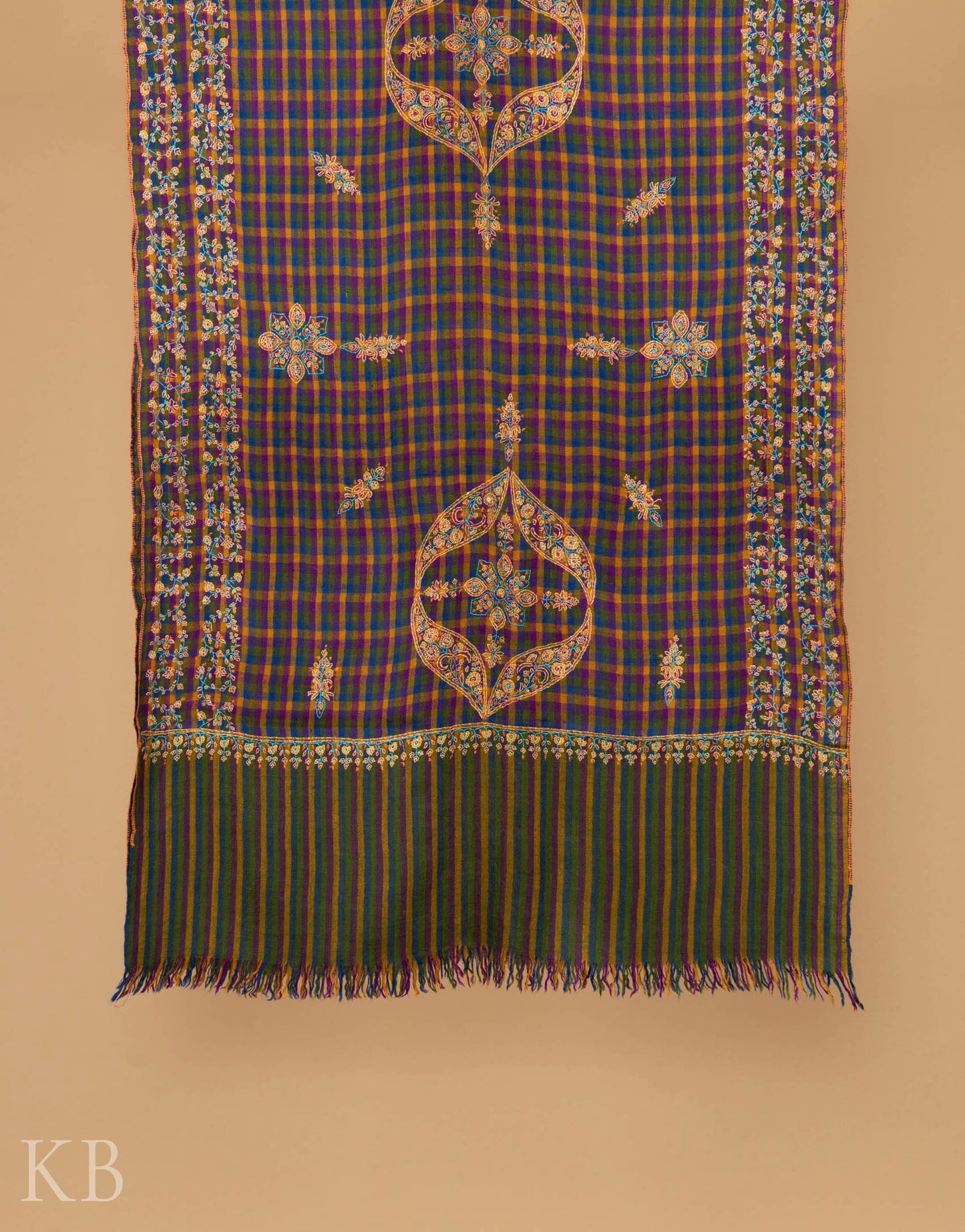 Mini Check Embroidered Multicolored Pashmina Stole - Kashmir Box
