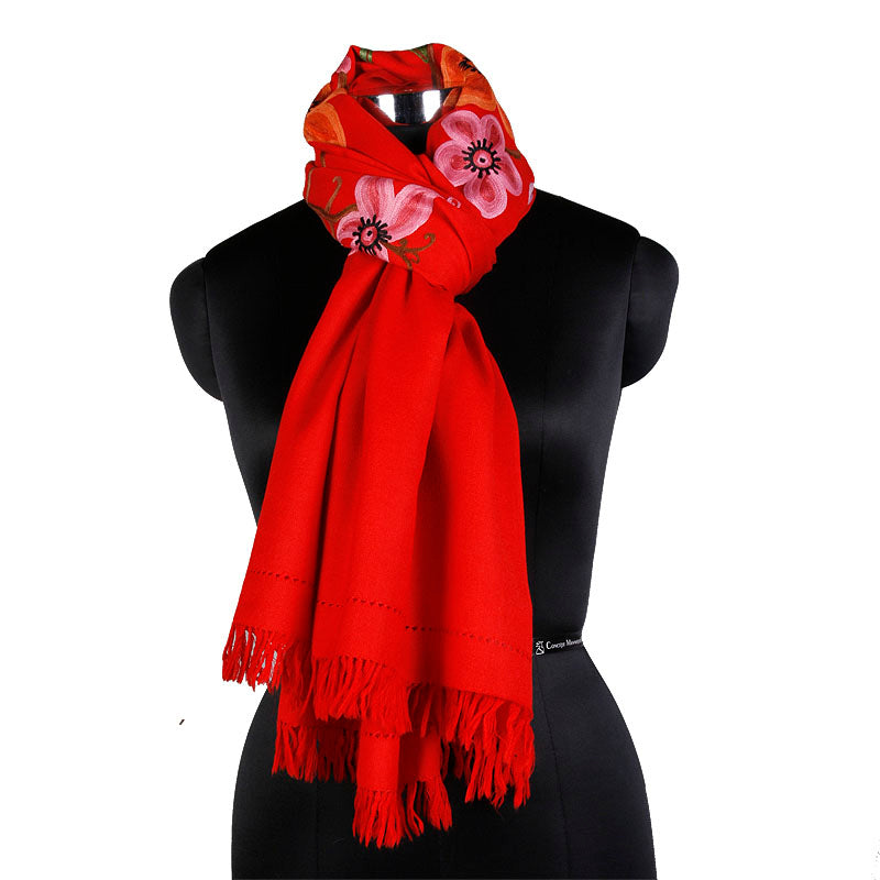 Floral Scarlet Red Thardar Woolen Stole - KashmirBox.com