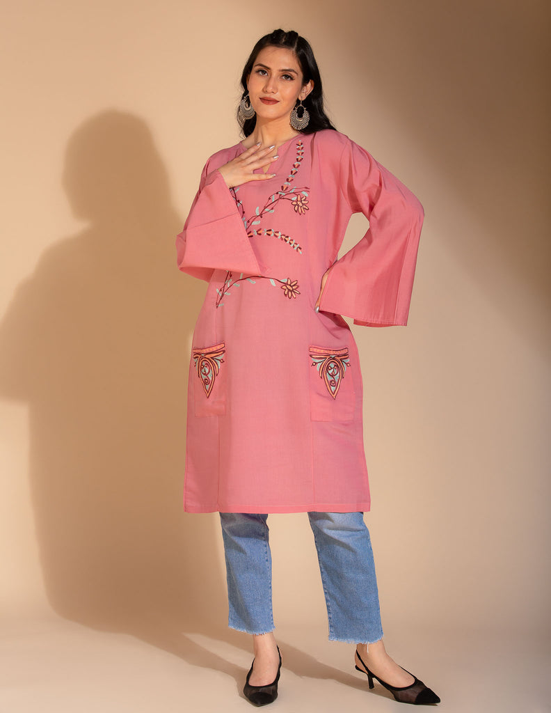 Zahra Aari Embroidered Pink Frosting Kurti - Kashmir Box