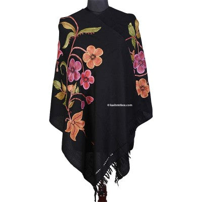 Floral Black Thardar Woolen Stole - KashmirBox.com