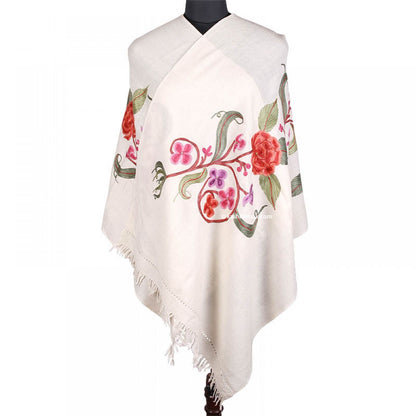 Floral Ivory Thardar Woolen Stole - KashmirBox.com