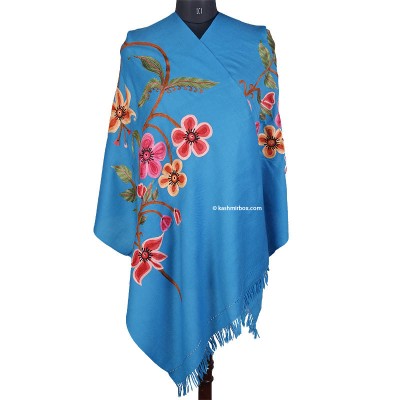 Floral Dodger Blue Thardar Woolen Stole - KashmirBox.com