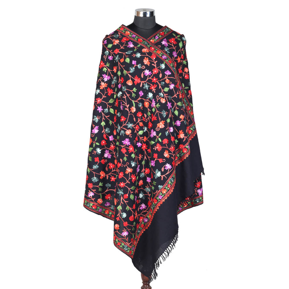 Pure Woolen Black Shawl (Jaali Type) - KashmirBox.com