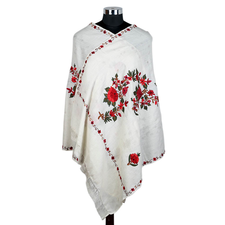 Pure Woolen White Rose Design Stole - KashmirBox.com