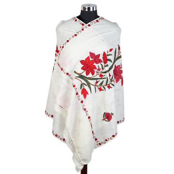 Pure Woolen White Flower Design Embroidered Stole - KashmirBox.com