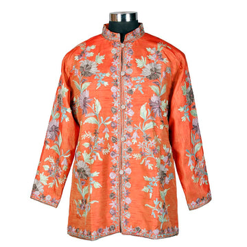 Kashmiri Orange Short Silk Jacket - KashmirBox.com