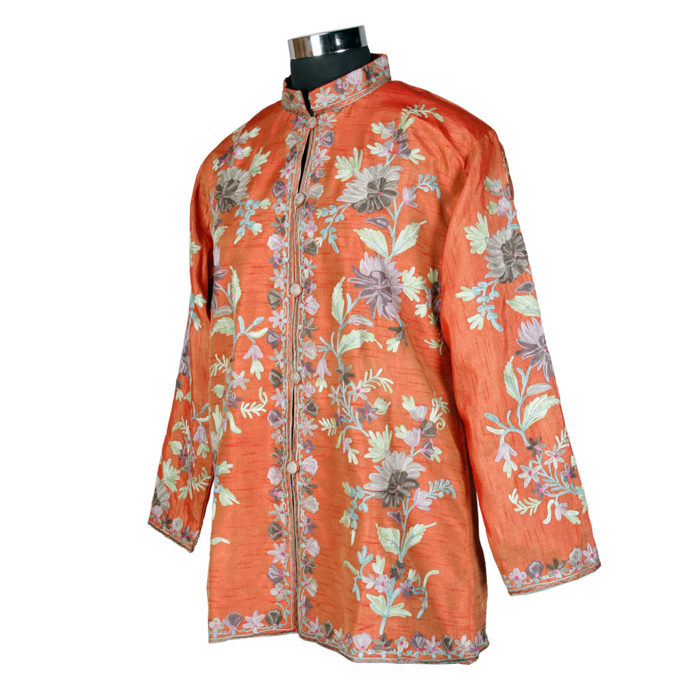 Kashmiri Orange Short Silk Jacket - KashmirBox.com